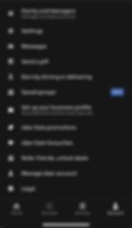 App menu screen with options like Family, Settings, Messages, Saved groups, Uber Eats, and Legal. Black background with white text.