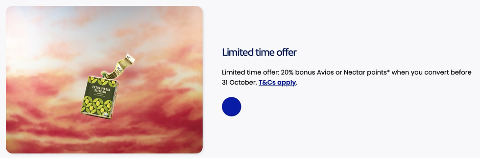 Extra virgin olive oil tin with pouring ribbon against pink sunset sky beside Limited time offer text. Time-Limited 20% Bonus When You Convert Nectar to Avios