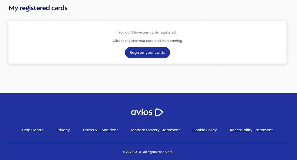 Screen shows "My registered cards" with no cards registered. A button says "Register your cards." Avios logo and legal links below.