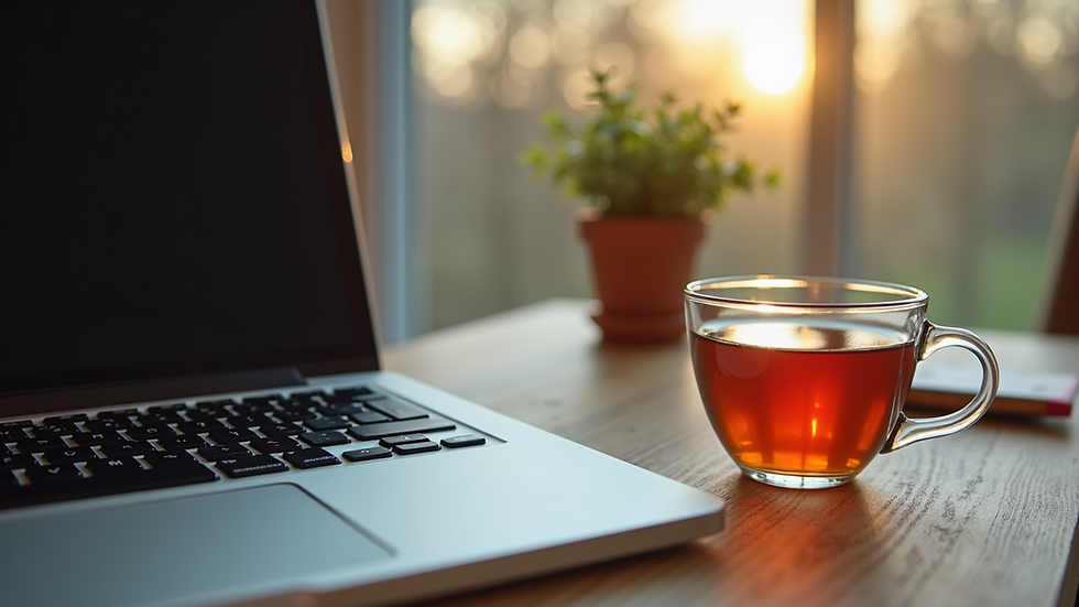 Close-up view of a cozy home office setup with a laptop and a cup of tea
