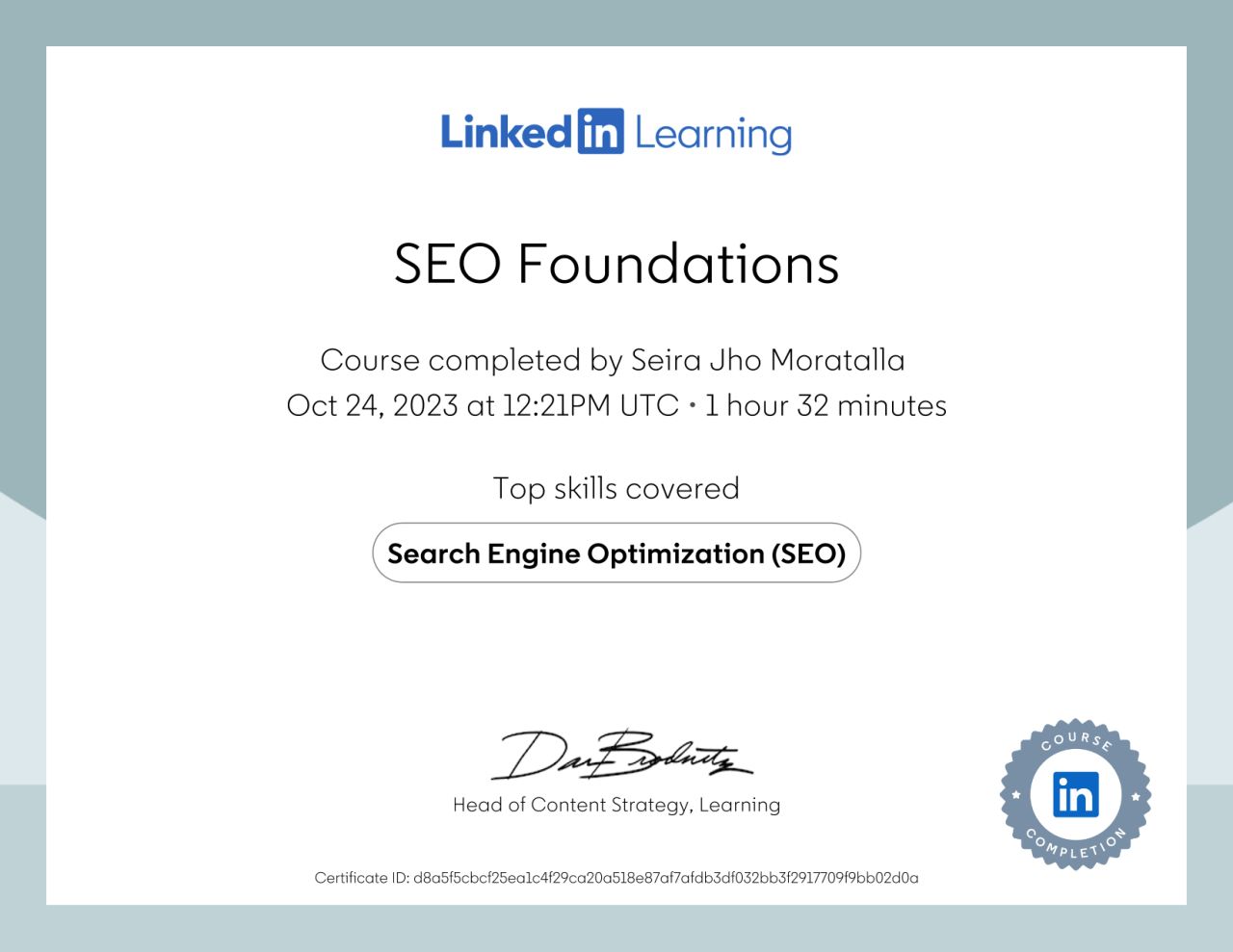 LinkedIn Learning SEO Foundation certificate