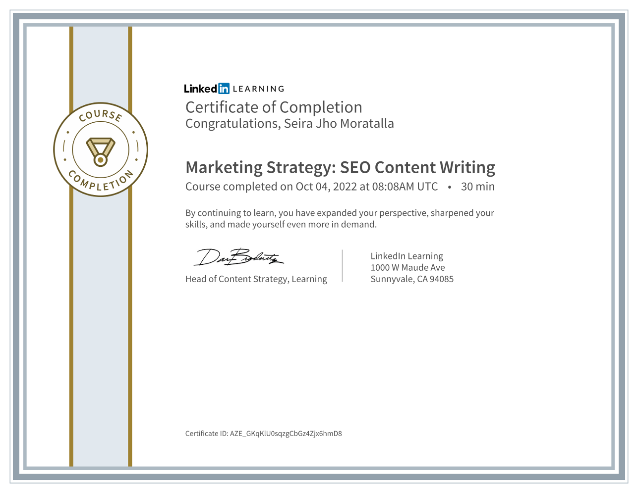 LinkedIn Learning SEO Content Writing certificate