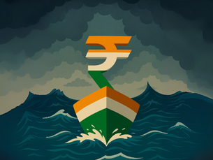 Illustration of a boat representing India, Facing the storm and surviving it