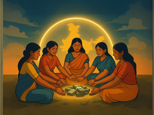 Rural Indian women attending a Self-Help Group (SHG) meeting, discussing microfinance and savings.