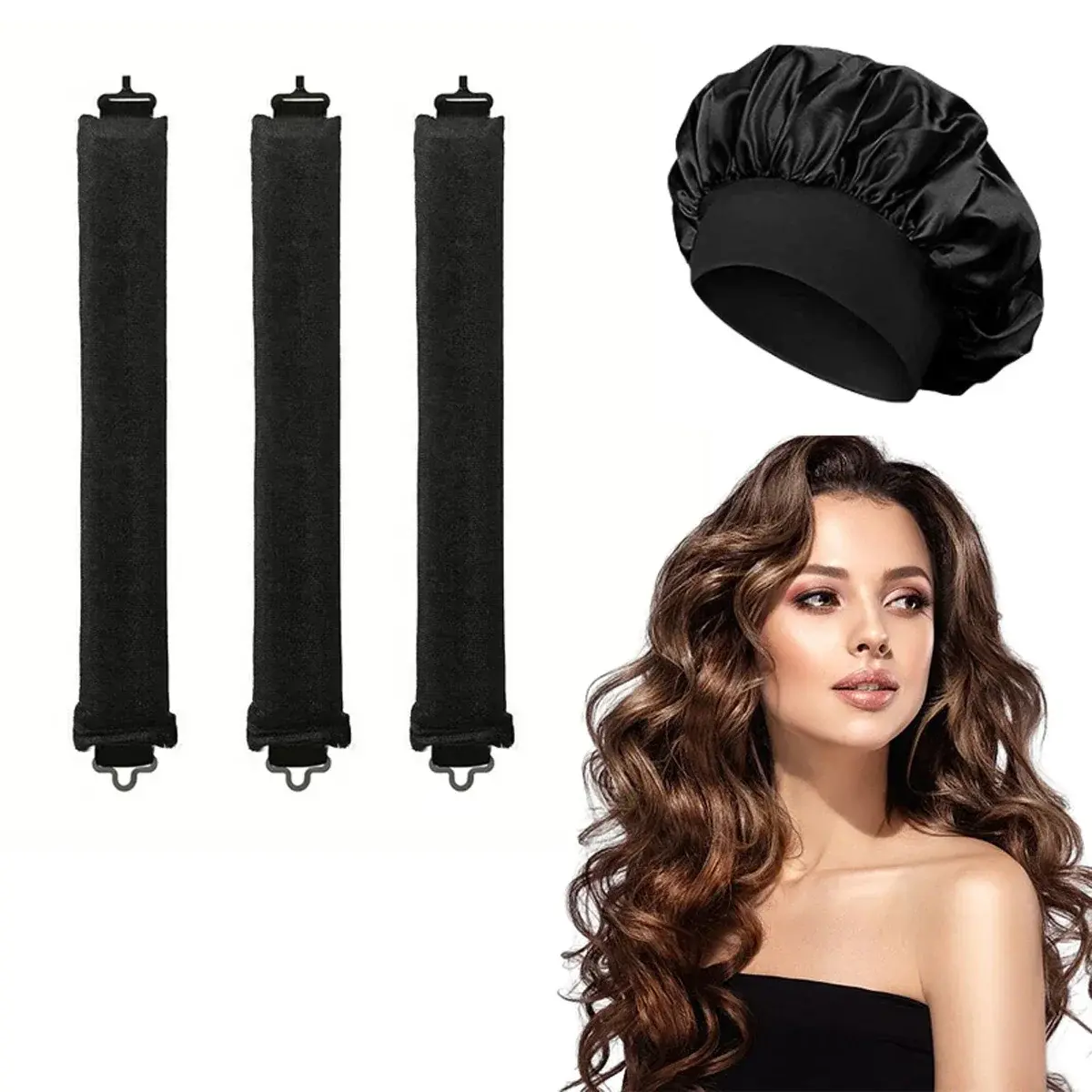 Heatless Hair Curler Satin Sleeping Cap Set No Heat Hair Rollers Curling Rod Hea