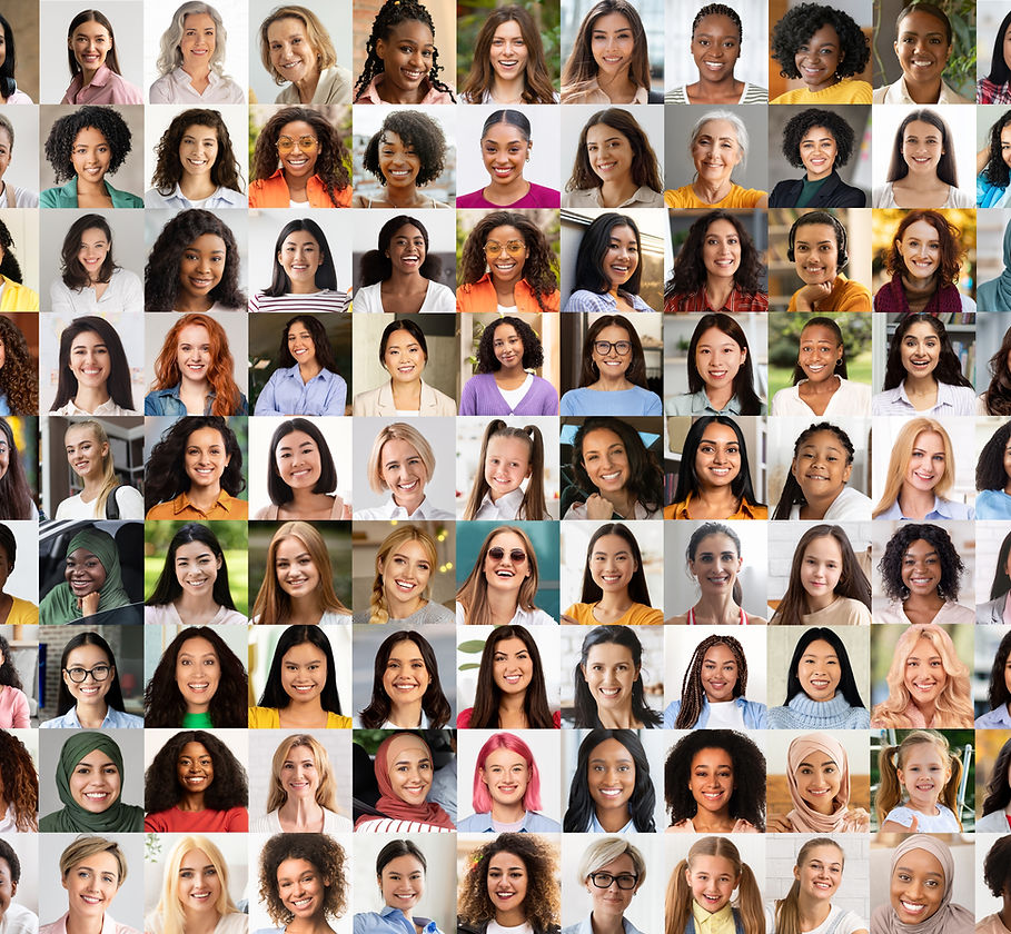 A vibrant portrait collage showcasing the diversity among women. Each image celebrates the