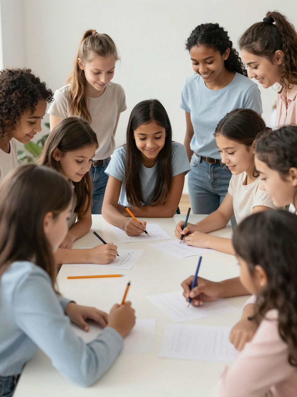Teenage girls writing and collaborating, building confidence