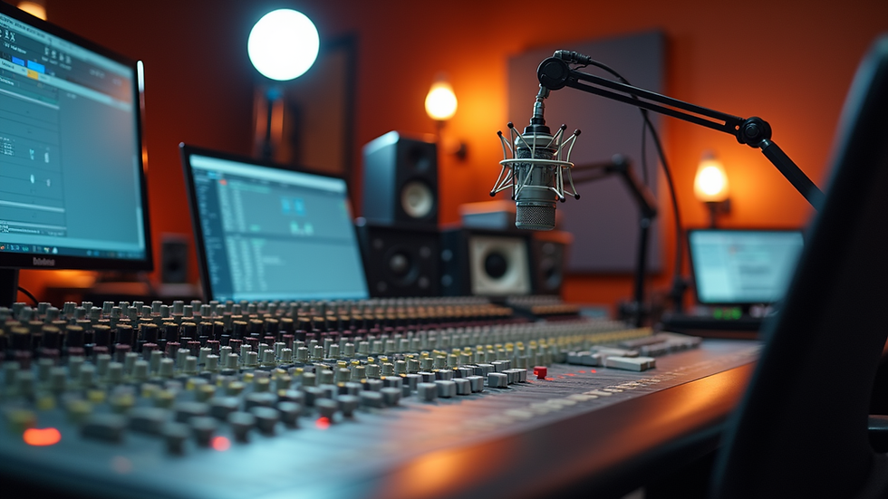 Eye-level view of a radio broadcast studio with mixing console and microphone