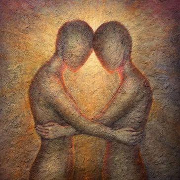 Two females loving holding each other's waist, their heads touching.