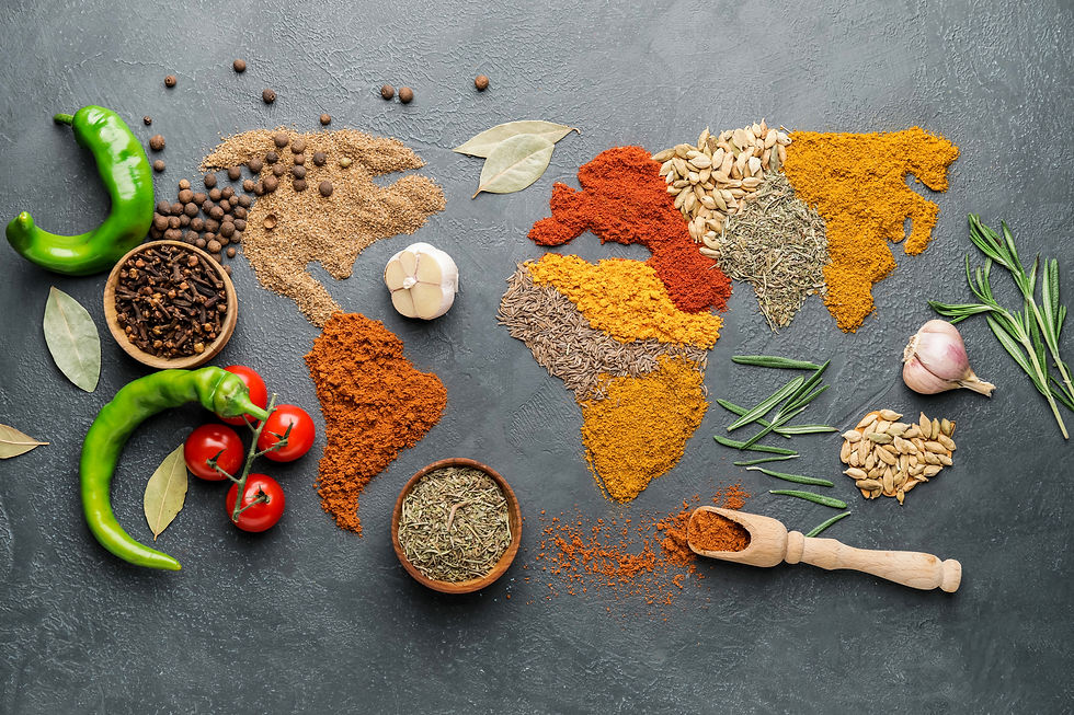 World map made of different spices on grey background.jpg