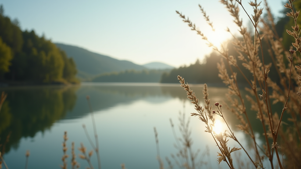 Close-up view of a serene nature scene with a calm lake