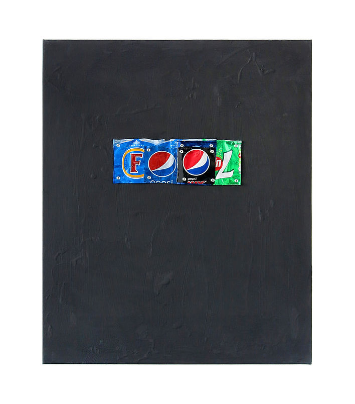 Supplements (FOOL), 2023, Heat resistant paint, Aluminium cans, rivets on canvas, 60cm x 5