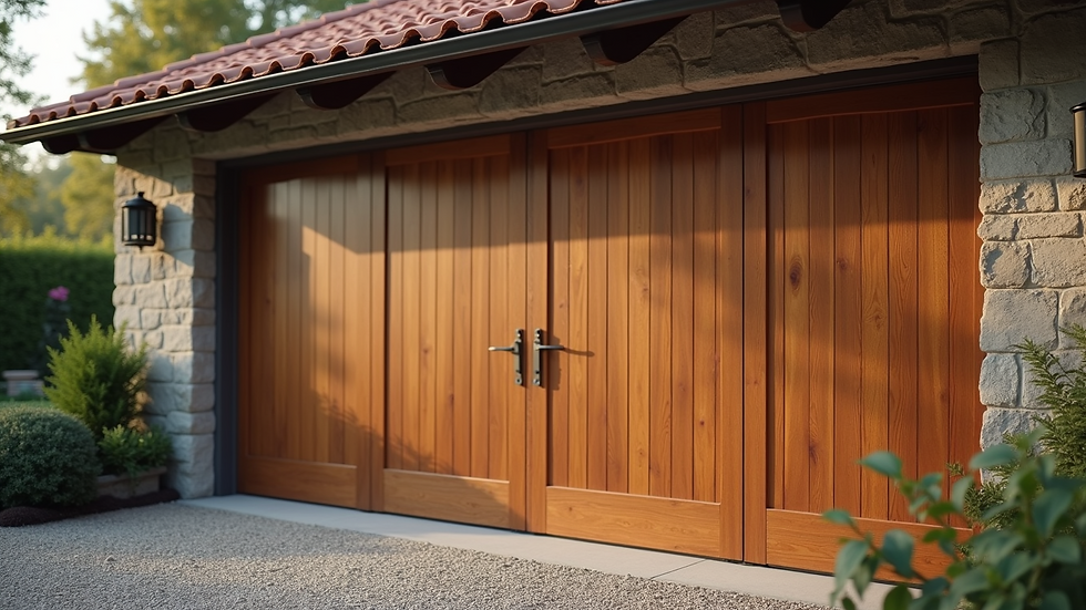 Close-up view of a wooden garage door showcasing craftsmanship