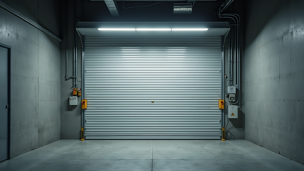 High-angle view of a garage door with closed safety features