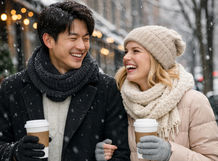 Asian/European Couple walking in the snow on the sidewalk holding coffees.