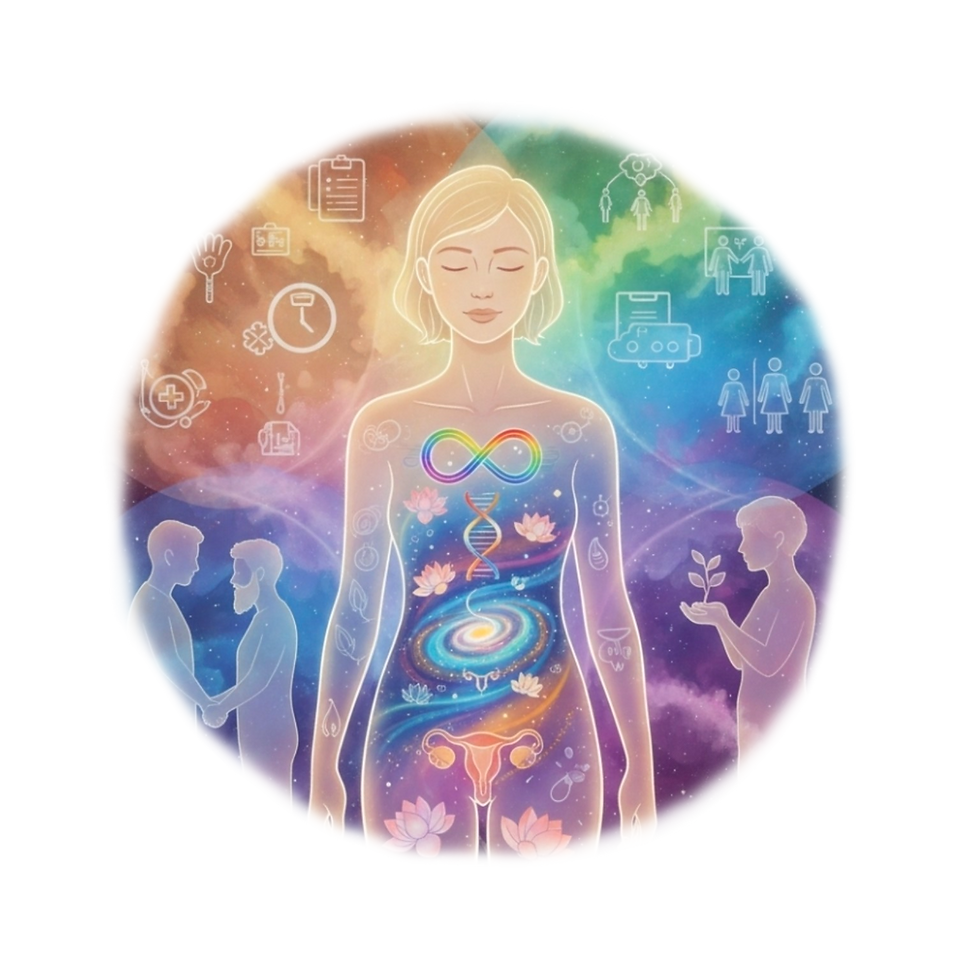 Illustrated human figure with a visible reproductive system and symbolic elements representing PCOS, hormones, fertility, and mental health, surrounded by diverse silhouettes and rainbow imagery to reflect LGBTQIA+ identities, inclusive healthcare, and the intersection of PCOS and queer experiences.