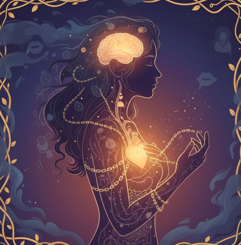 Illustration of a person in profile with a glowing brain and heart connected by chains, symbolizing the emotional and mental burden of invalidation and gaslighting. The artwork represents the connection between mind, body, and PCOS-related emotional distress.