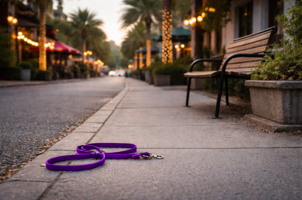 Purple dog leash on an empty downtown St. Petersburg sidewalk.