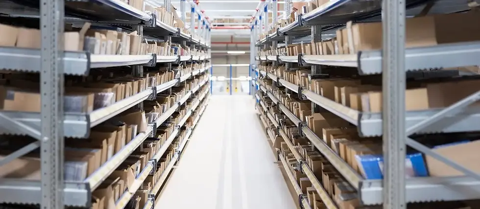 Reihen von Schrägbodenregal mit Kartons, Lagerhalle Perspektive, mk-Lagertechnik, Schrägbodenregal