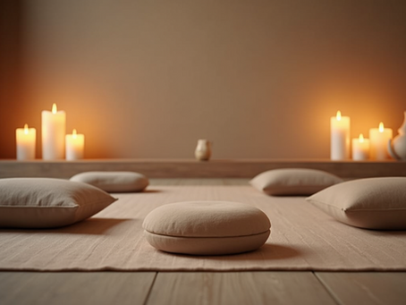 Eye-level view of a peaceful meditation space with candles and cushions