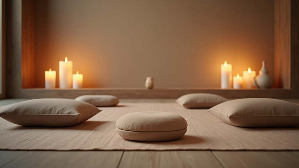 Eye-level view of a peaceful meditation space with candles and cushions