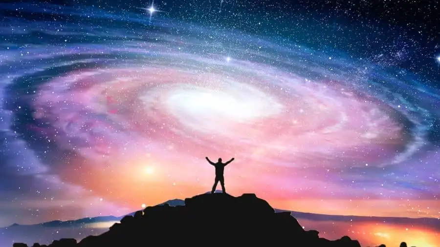 A mystical visualization of expanding consciousness beyond the physical realm.