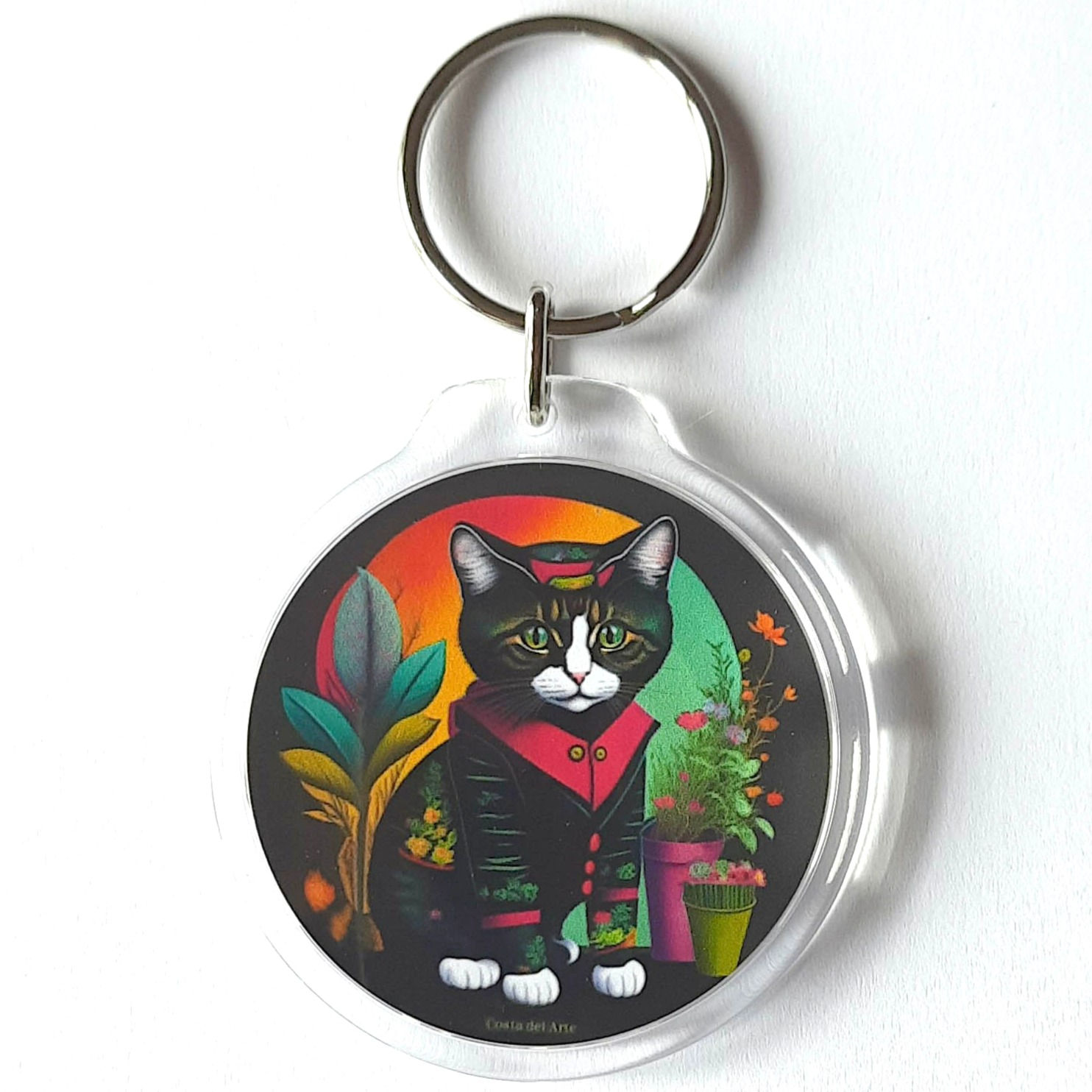 Cat in Garden Round Keyring