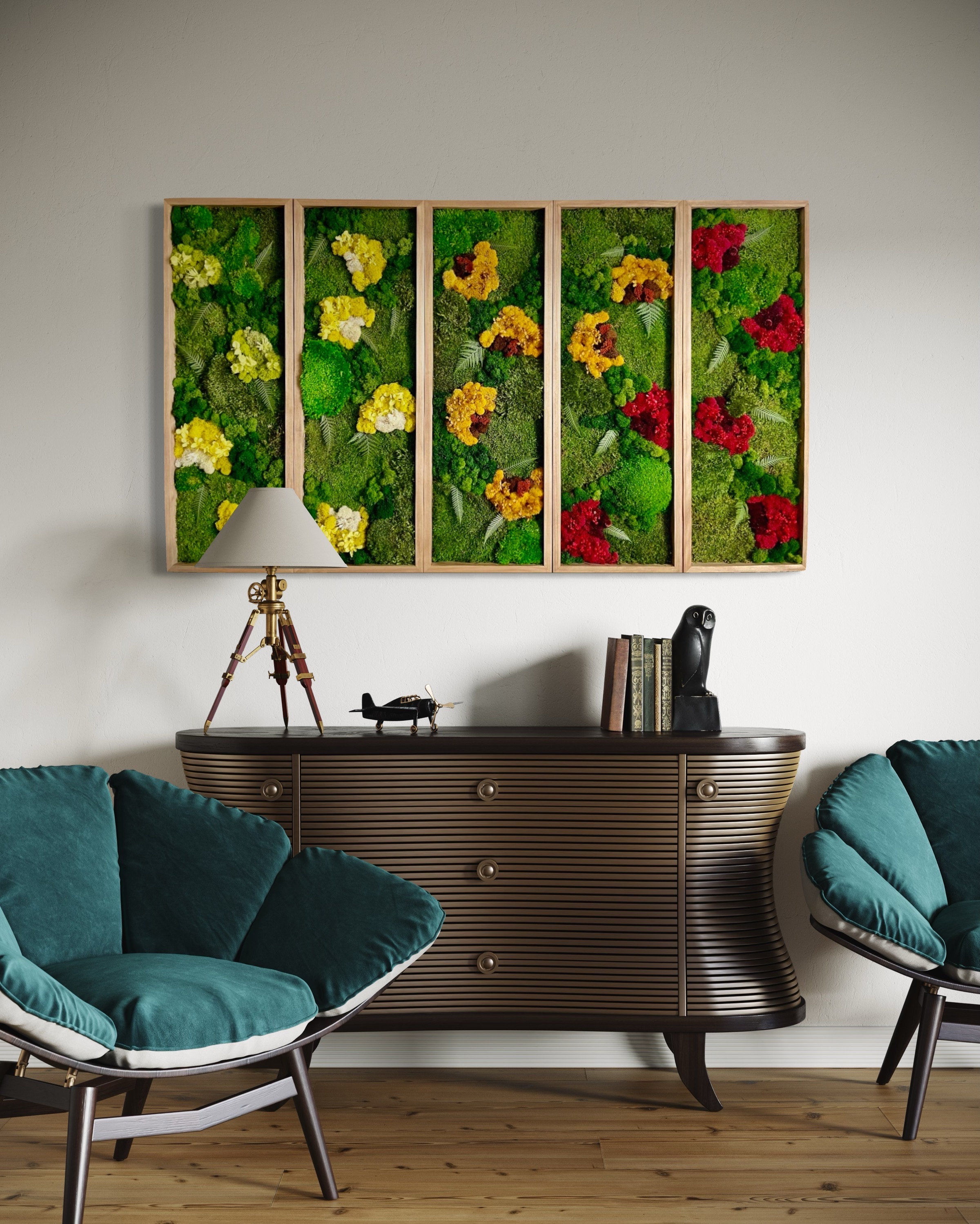 RuMoss Sunrise: Set of 5 Colorful Moss Wall Art - Boho Floral Decor