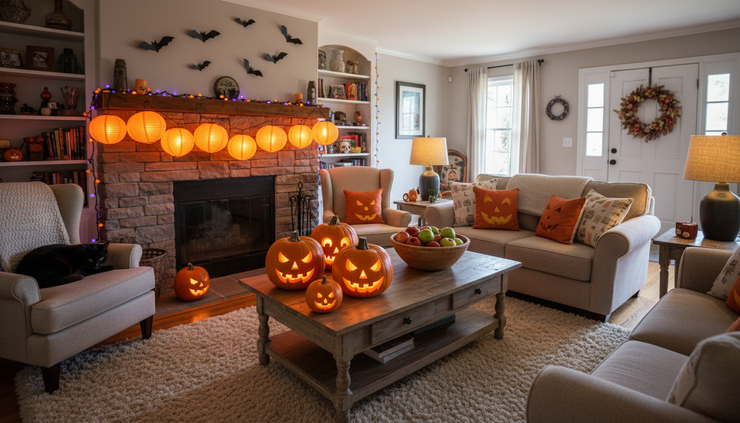 Wide-angle view of a cozy Halloween living room with pumpkins, paper bats, and glowing lanterns