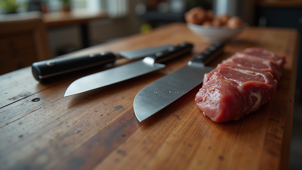 Eye-level view of BBQ tools including knives and meat injector on wooden table