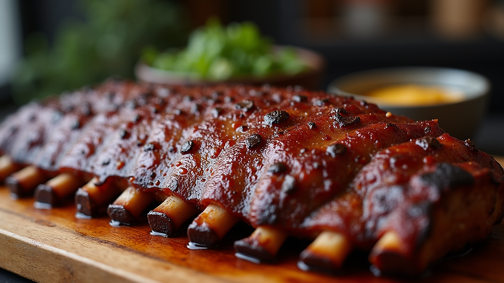 Close-up view of slow-smoked ribs on a wooden platter