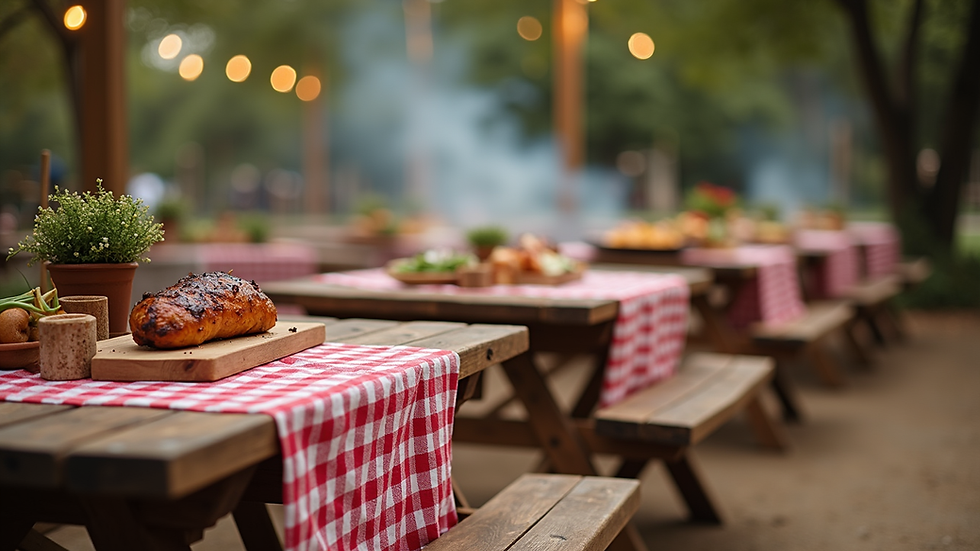 Eye-level view of a rustic BBQ catering setup with wooden tables and checkered cloths