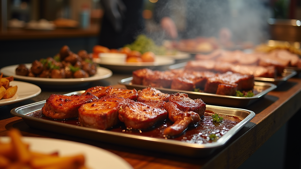 Eye-level view of a BBQ buffet setup with various smoked meats and sides