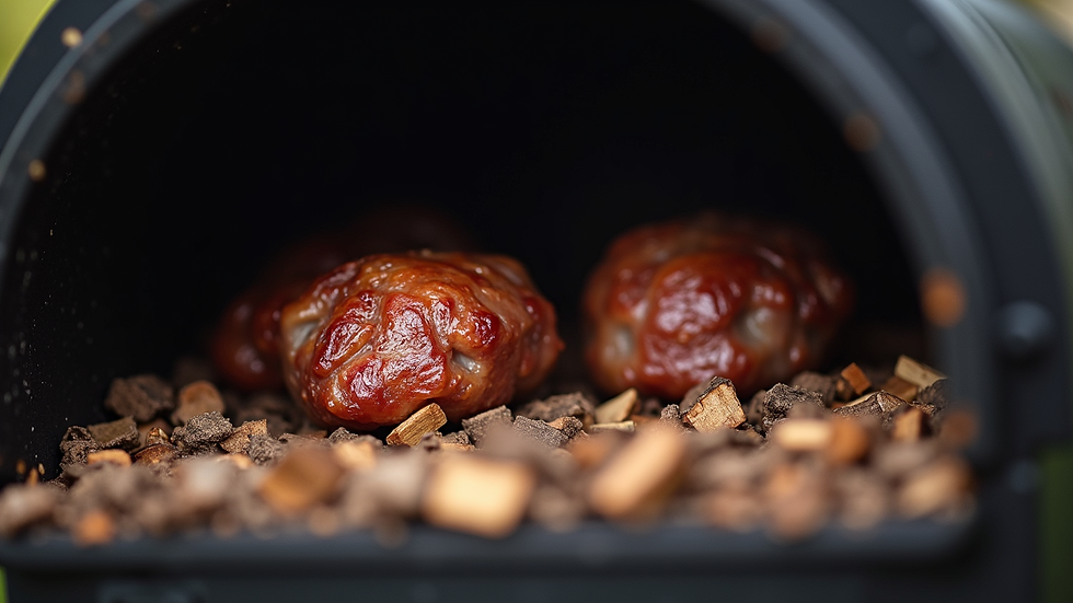 Eye-level view of a smoker with wood chips and meat inside
