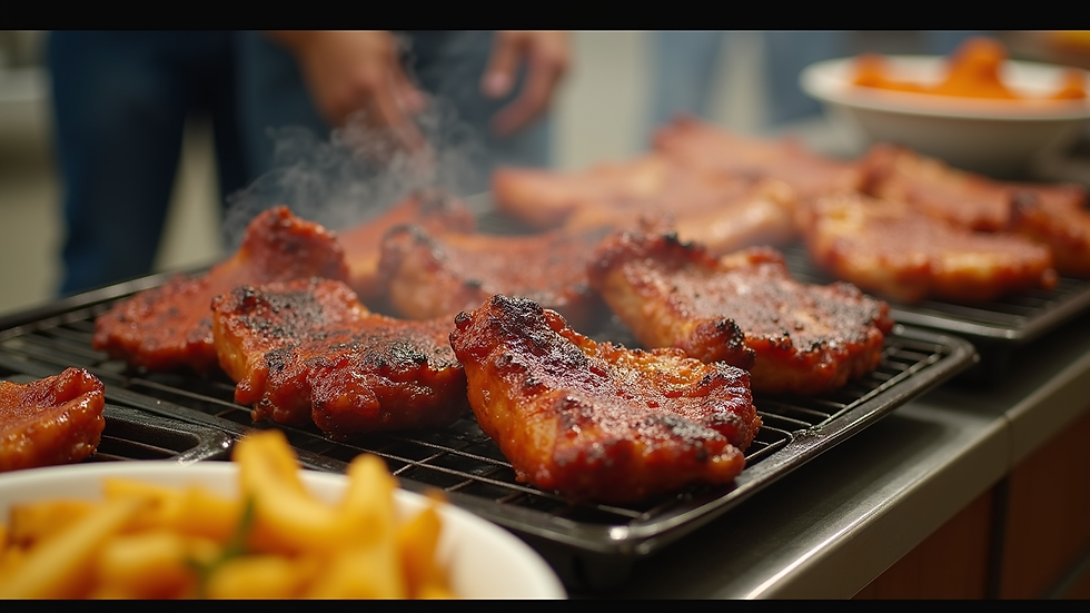 Eye-level view of a BBQ buffet setup with trays of smoked meats and sides