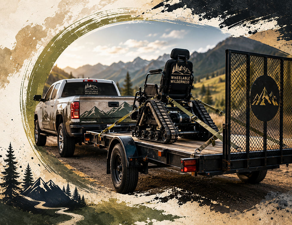 A Wheelable Wilderness truck and trailer transport an all-terrain tracked wheelchair through a scenic mountain landscape at sunset. The image highlights adaptive mobility equipment delivery and support for accessible outdoor adventure and wilderness exploration.