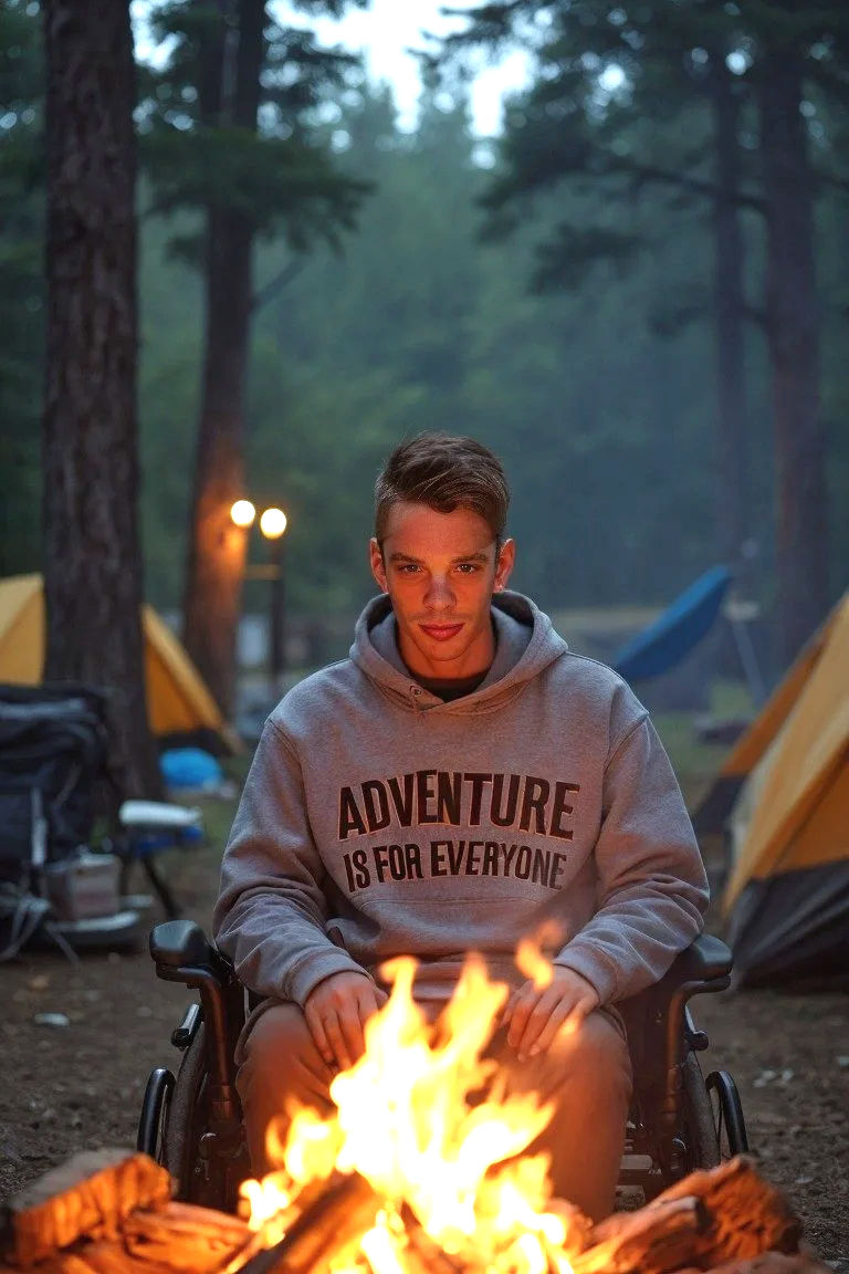 A young person in a wheelchair sits beside a glowing campfire at a forest campsite at dusk, wearing a hoodie that reads “Adventure Is for Everyone.” Tents and tall pine trees surround the campsite, creating a warm and inclusive outdoor adventure scene.
