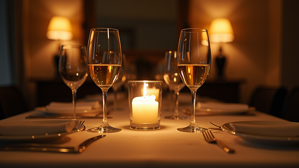 Vista a nivel de ojo de una mesa elegante con copas de vino y velas encendidas