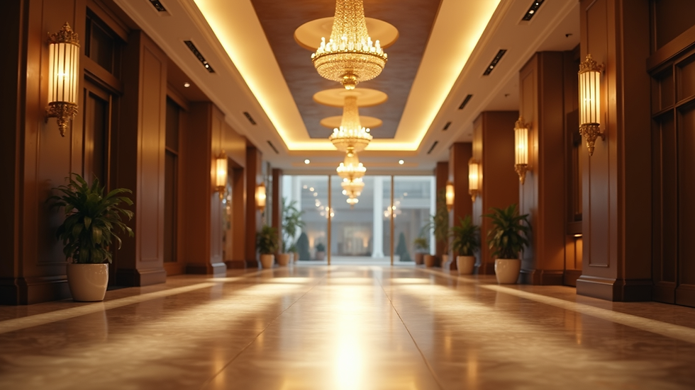Eye-level view of a luxury hotel lobby with elegant lighting