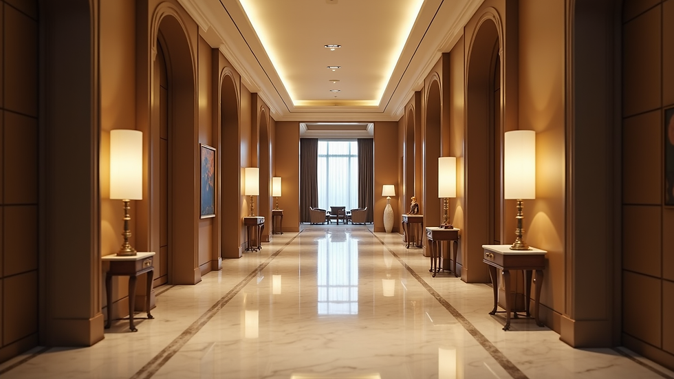 Vista a nivel de ojo de una elegante sala de espera en un hotel de lujo