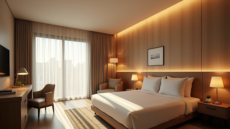 Plano medio de una habitación de hotel con iluminación suave y decoración elegante