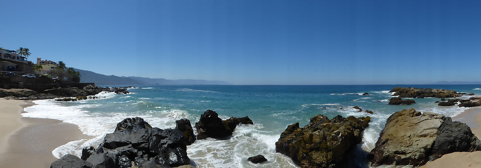 Rocky shoreline with ocean waves under a clear blue sky. Houses and palm trees on a rocky cliffside. Peaceful and scenic.
