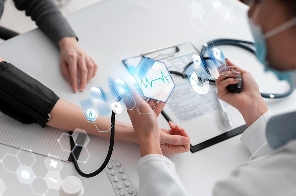 Clinician reviewing AI-analyzed medical scans, illustrating AI-driven diagnostics in mid-sized healthcare.
