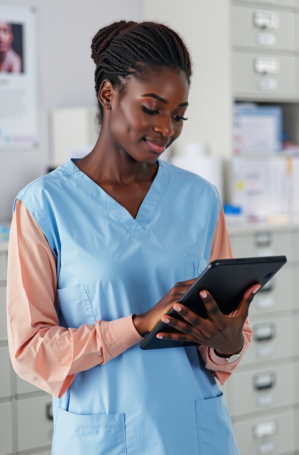 A nurse uses an AI triage platform on a tablet to prioritize incoming patients.