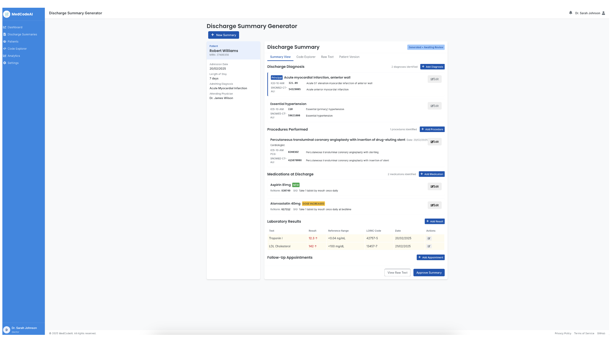 Screenshot of the the discharge summary with healthcare clincal codes mapped by AI