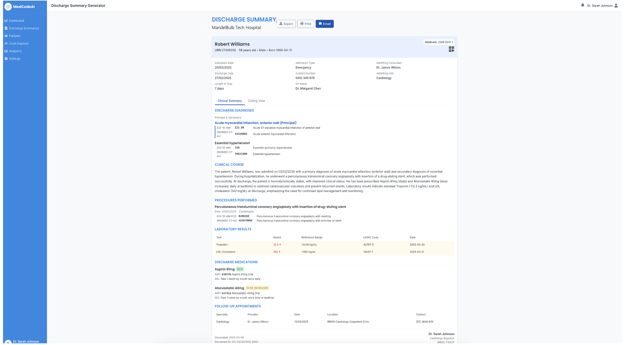 Screenshot of discharge summary generated by AI including Clinical Closure, SNOMED, ICD10 codes