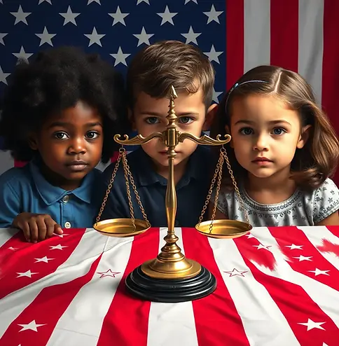 show 3 children (black asiatic and caucasian) looking at a balance of justice on a table