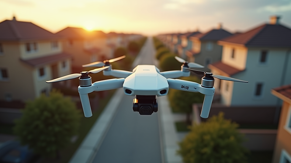 Eye-level view of a drone capturing aerial footage of a residential area