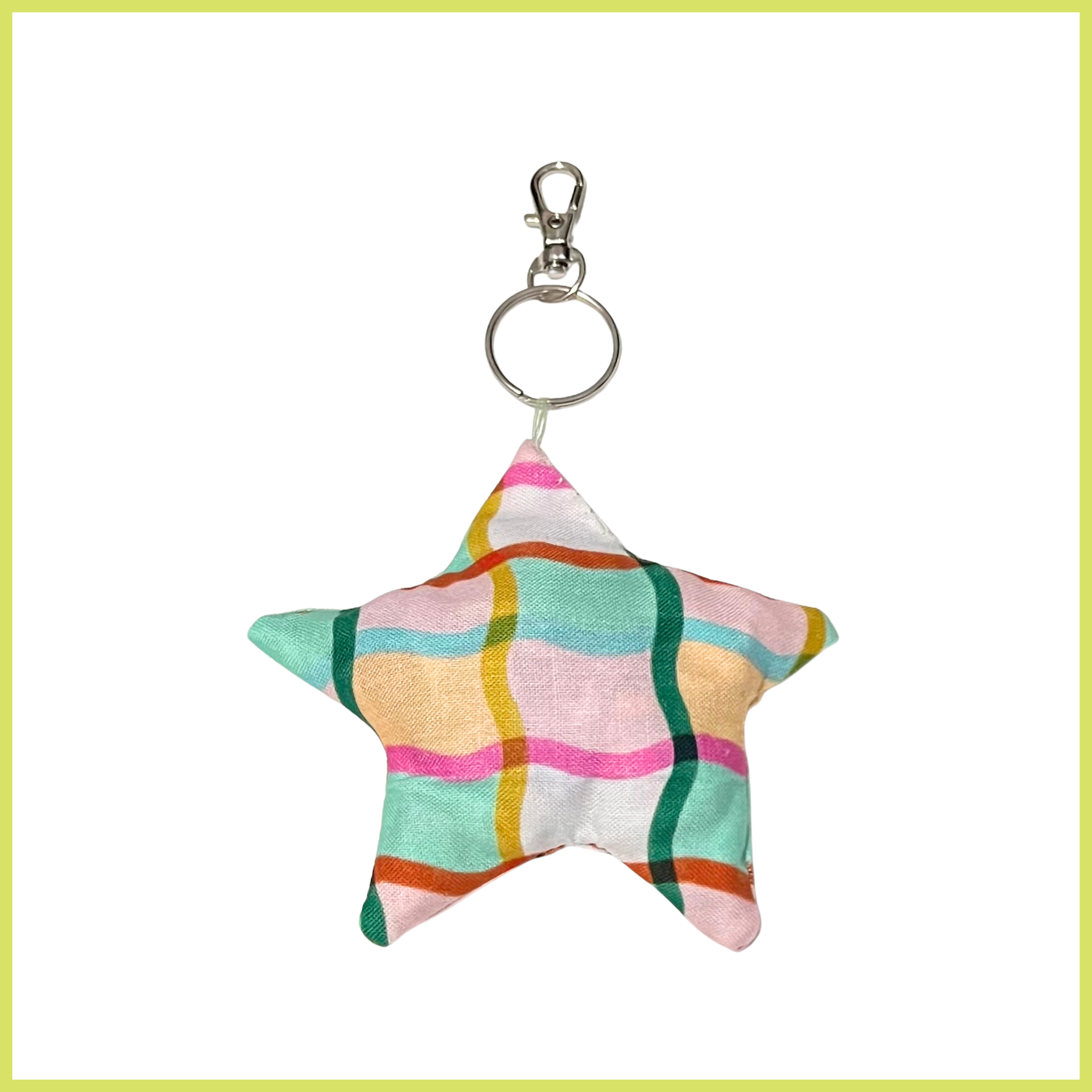 Star shaped bag charm made with multicolor grid fabric
