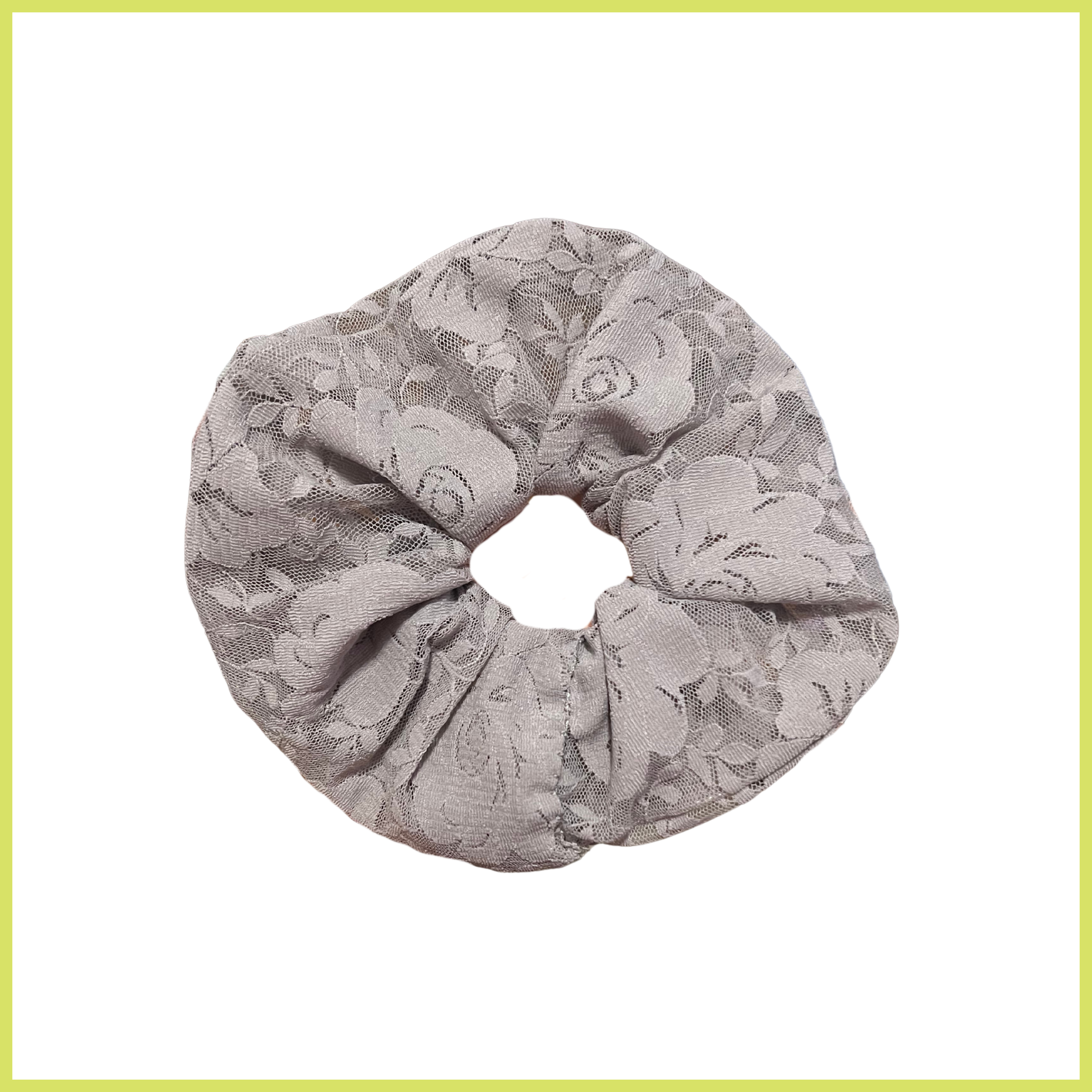 hair scrunchie made with grey lace fabric